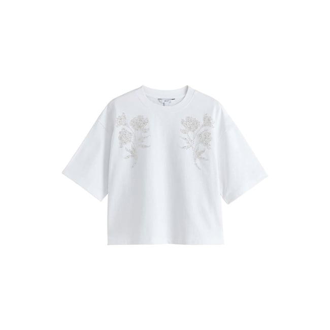 T-shirt ras du cou à manches courtes/fleurs blanc <span itemprop=