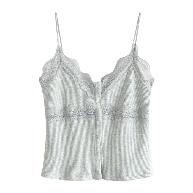 Débardeur côtelé col v dentelle gris <span itemprop=