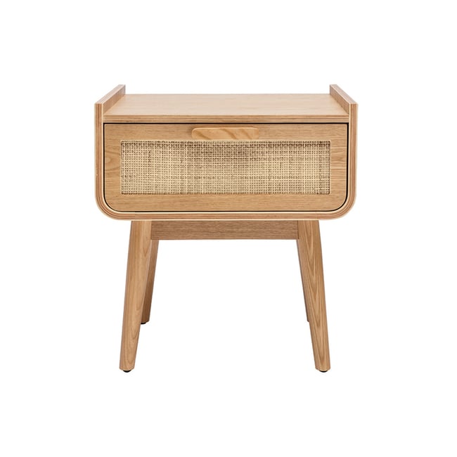Table de chevet avec tiroir en bois clair frêne et cannage rotin ATHÈNE Couleur frêne <span itemprop=