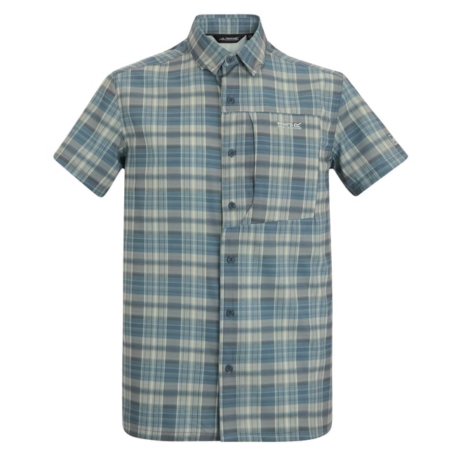 Chemise de voyage manches courtes motif/style à carreaux bleu de chine <span itemprop=