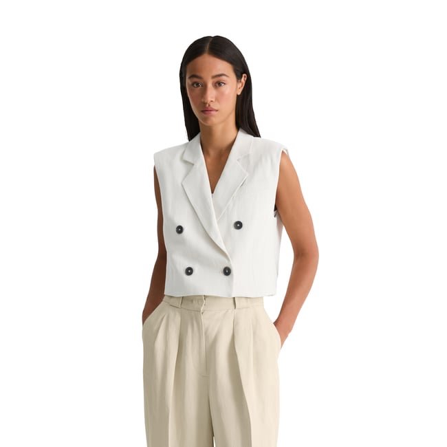 Gilet court oversize en mélange viscose-lin beige <span itemprop=
