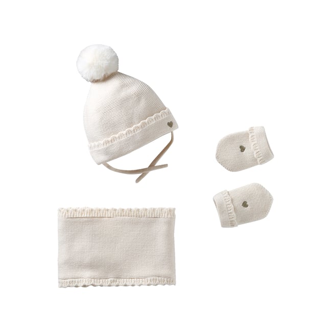 Ensemble bonnet, snood et moufles écru <span itemprop=