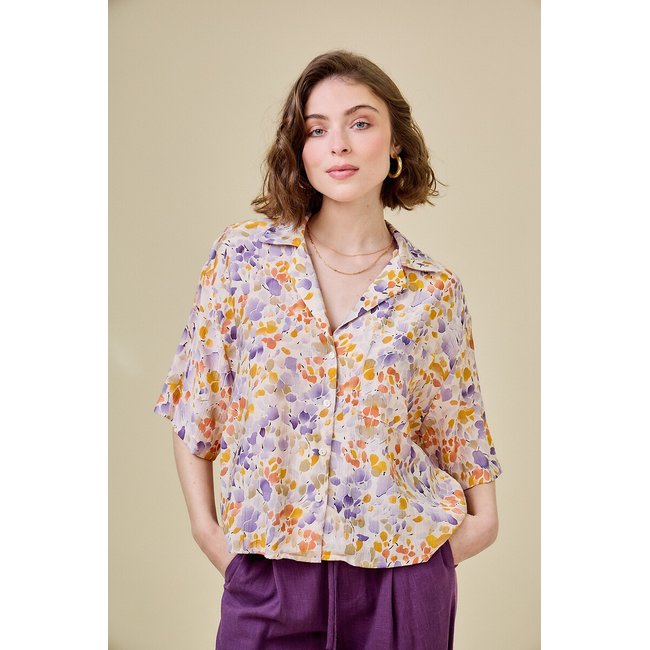 Printed Blouse with 3/4 Length Sleeves, purple print, SEE U SOON