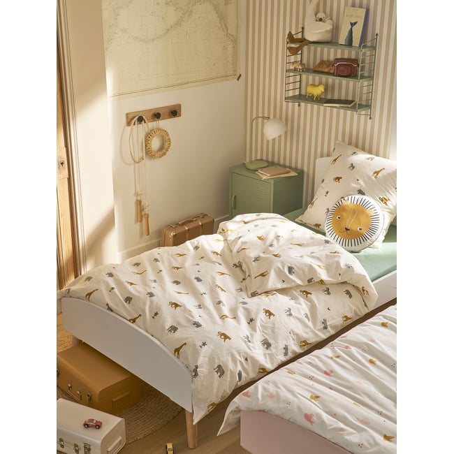 Parure housse de couette et taie d'oreiller WILD ANIMALS blanc imprimé <span itemprop=