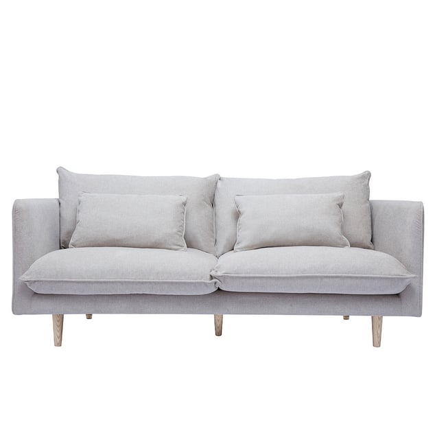 Canapé scandinave 3 places en tissu effet velours texturé beige et bois clair CLAYTON Couleur beige <span itemprop=