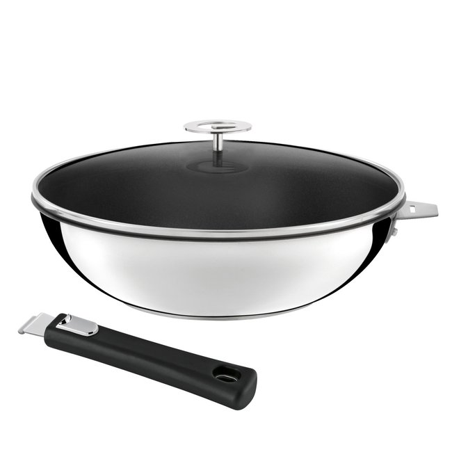 Wok 28 cm avec revêtement céramique, couvercle et poignée - MALICE inox <span itemprop=