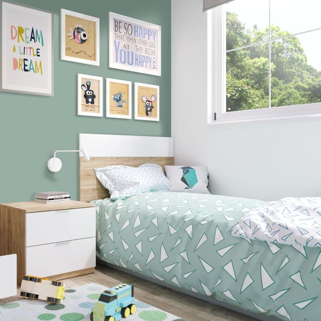 Tête de lit avec 1 chevet 2 tiroirs Couleur bois naturel <span itemprop=