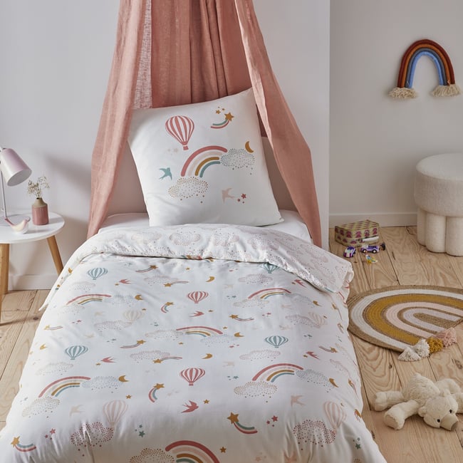 Parure de lit enfant en coton imprimé arc-en-ciel CELESTE blanc <span itemprop=