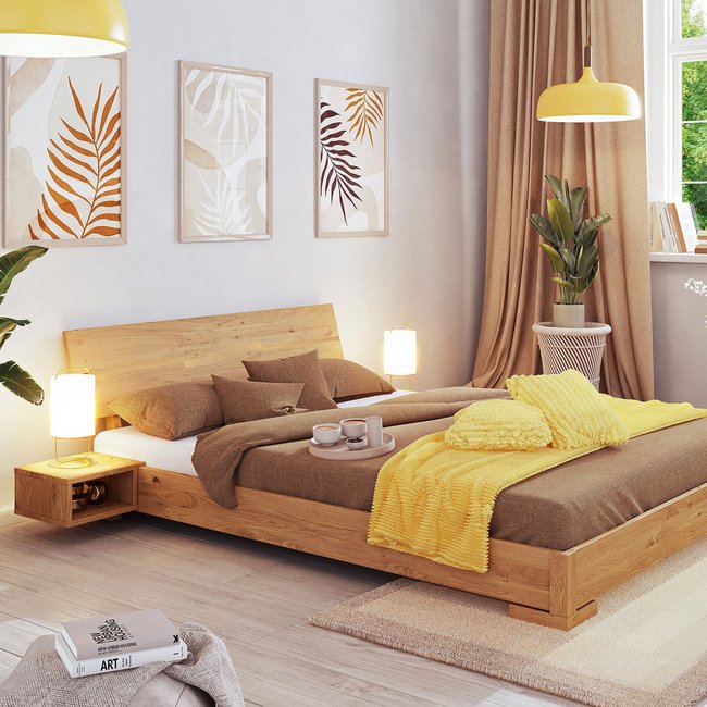 Ensemble lit avec tête de lit intégrée et 2 chevets en chêne massif clair Couleur bois clair <span itemprop=