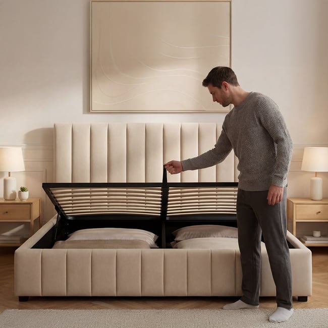 Lit Coffre Velours Beige TROCADÉRO Couleur beige <span itemprop=