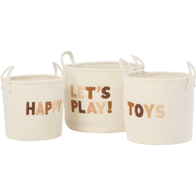 Set de 3 paniers enfant en coton brodé Couleur blanc et marron <span itemprop=