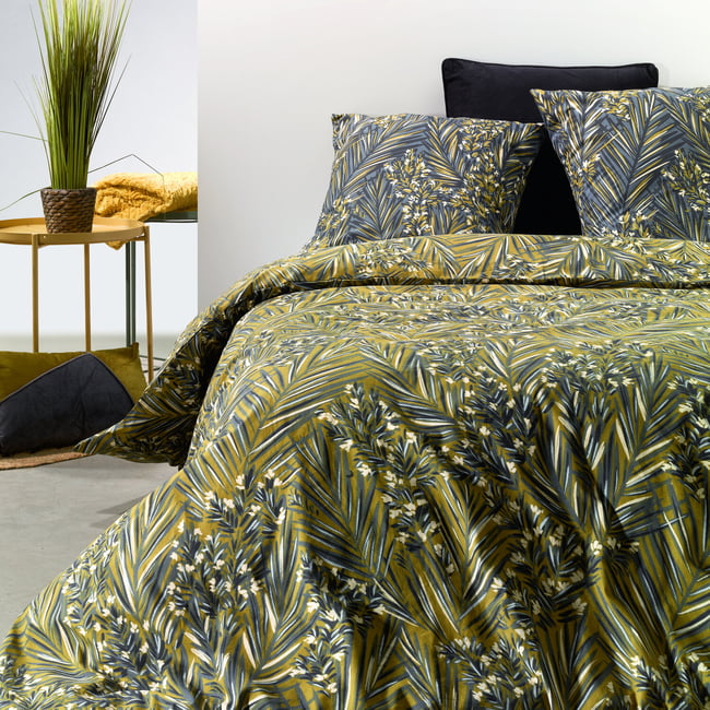 Parure housse de couette en coton imprimée, Nava vert <span itemprop=