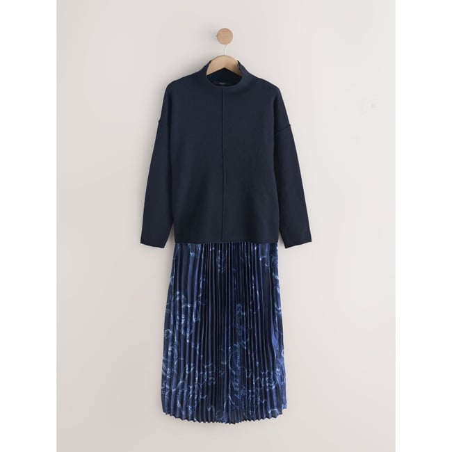 Pull jupe 2-en-1 midi plissée imprimé nautique bleu marine <span itemprop=