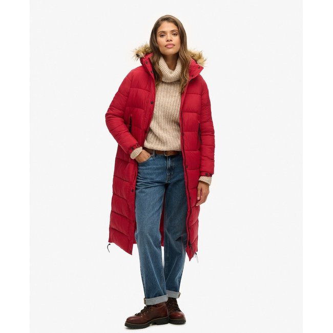 Doudoune longue à capuche avec imitation fourrure rouge <span itemprop=