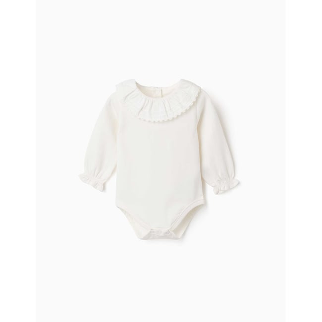 Body en coton à manches longues avec col à volants blanc <span itemprop=