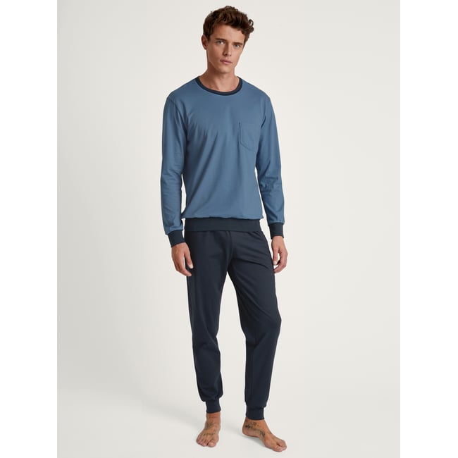 Pyjama avec bords élastiques manches longues Coton RELAX ESSENTIALS bleu couronne <span itemprop=