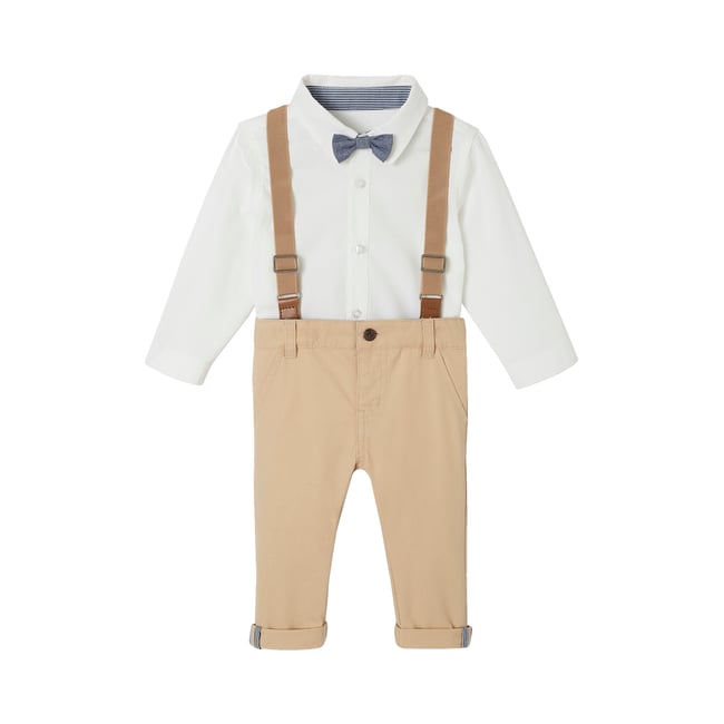Ensemble 4 pièces bébé chemise + noeud papillon + pantalon + bretelles beige <span itemprop=