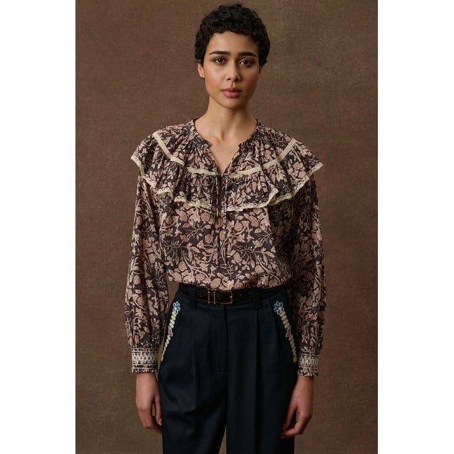 Blouse imprimé floral à volants, NICOLE imprimé beige/noir <span itemprop=