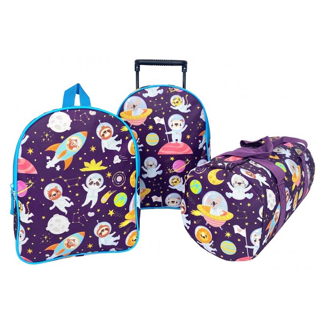 Lot de 3 sacs scolaire avec 2 sacs à dos dont 1 à roulettes plus 1 polochon violet <span itemprop=