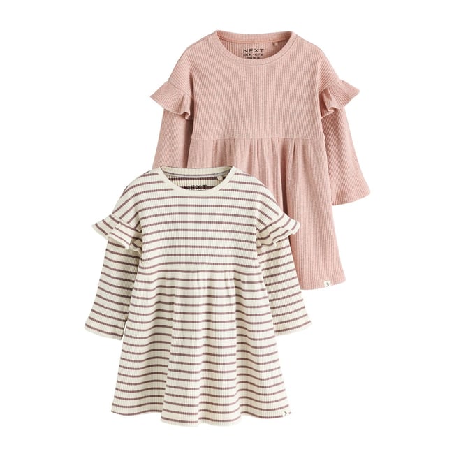 Robe côtelée à volants, lot de 2 rayures neutres/rose pâle <span itemprop=
