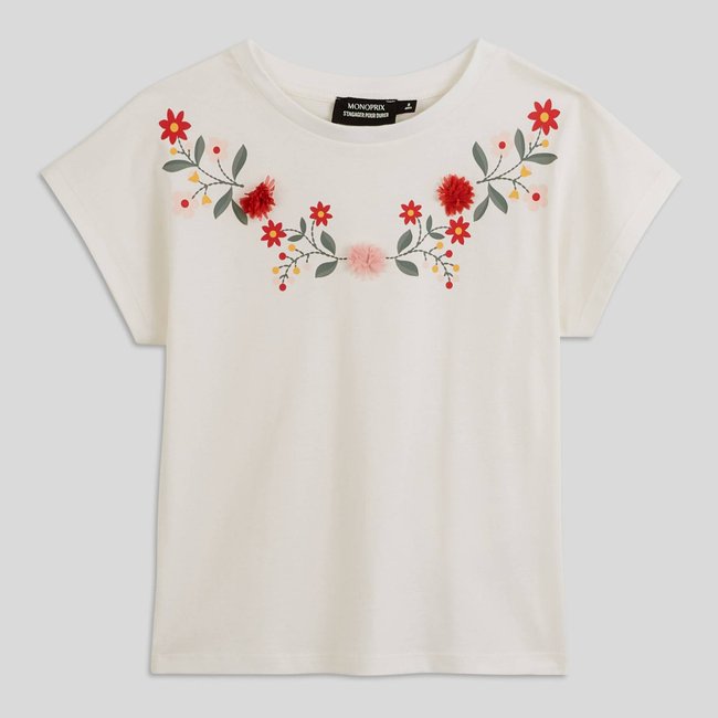 T-shirt manches courtes imprimé collier de fleurs ecru <span itemprop=