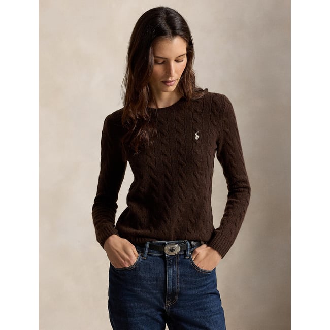 Pull torsadé, col rond, 80% laine 20% cachemire brun <span itemprop=