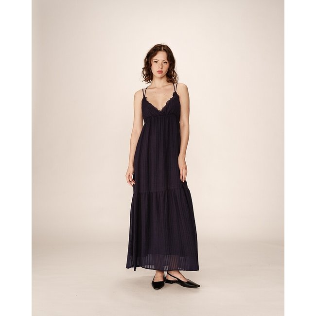 Vestido comprido com folhos e alças cruzadas, PRETTY marinho <span itemprop=
