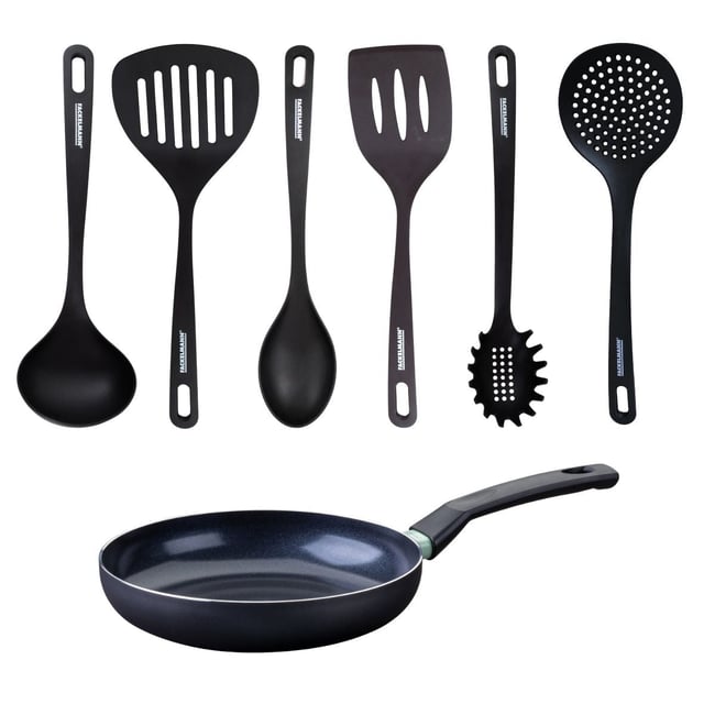 Set poêle antiadhésive céramique 24 cm et 6 ustensiles BRANDAO noir|vert <span itemprop=