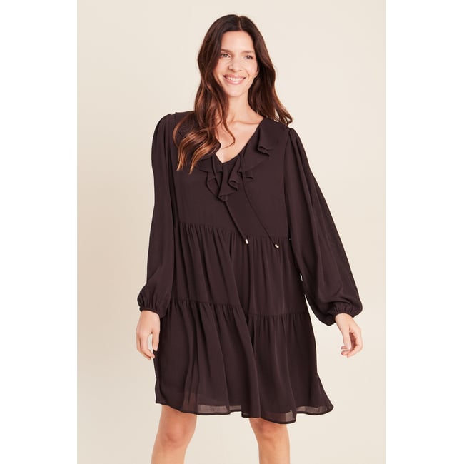 Robe courte évasée col v manches longues marron foncé <span itemprop=