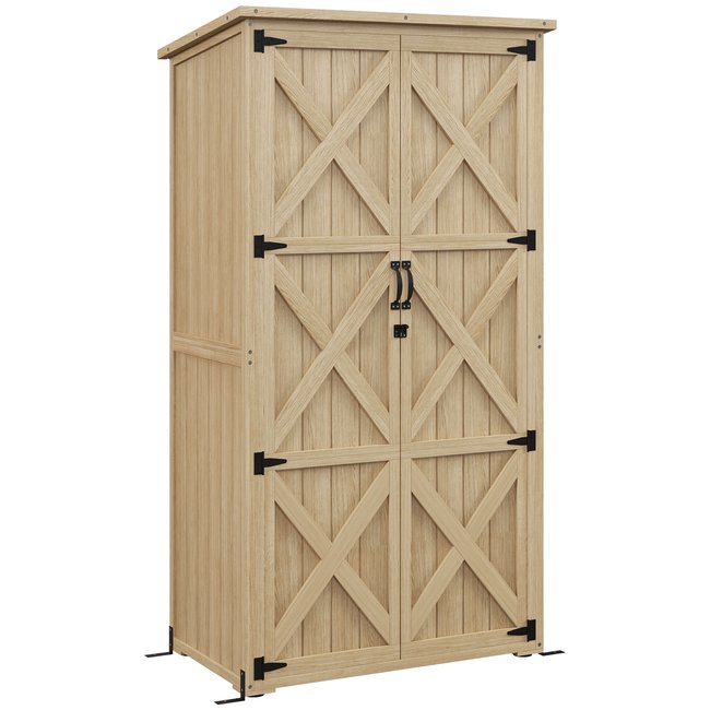 Armoire de jardin 2 portes croisillons 2 étagères bois pré-huilé beige <span itemprop=