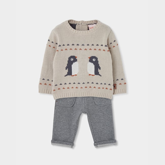 Ensemble bébé garçon en maille avec pingouins beige <span itemprop=