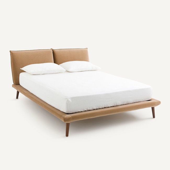 Bed upholstered in velour, Aurore, design by E Gallina, buff, AM.PM