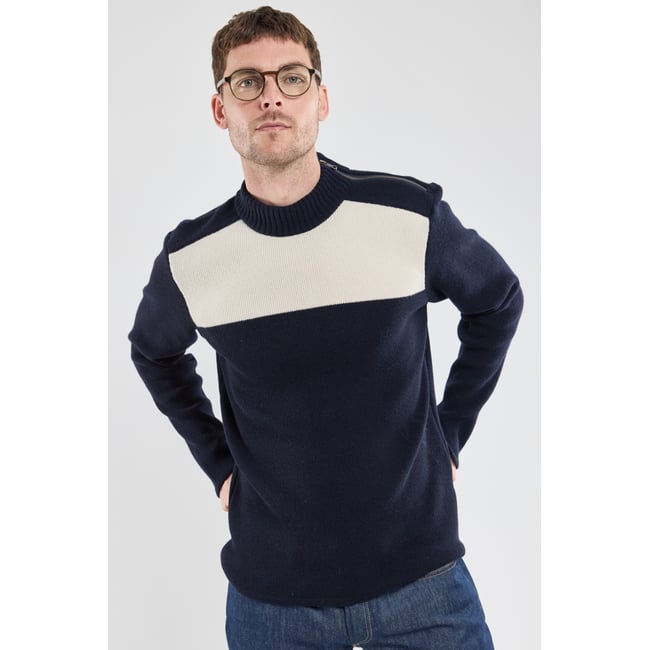 Pull marin zippé en laine et polyamide marine deep/milk <span itemprop=