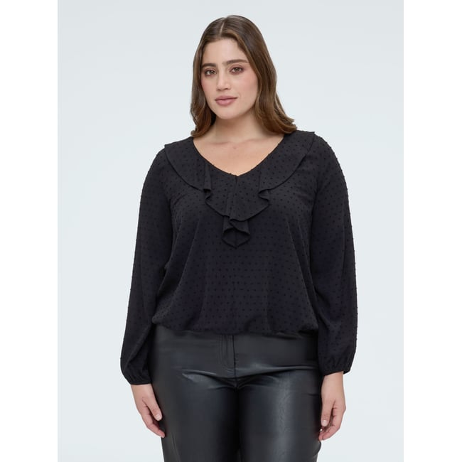Blouse à pois avec volant noir <span itemprop=