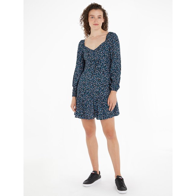 Vestido de manga larga con estampado floral estampado azul <span itemprop=
