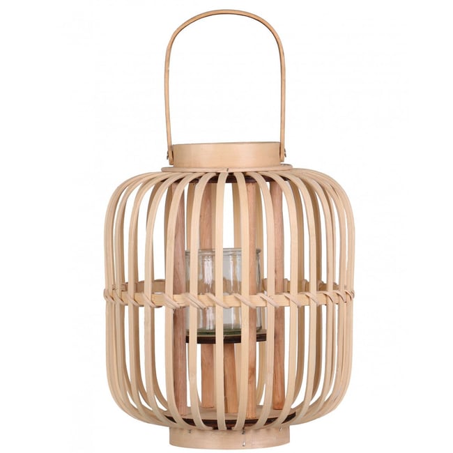 Lanterne Bohème En Bambou Et Rotin 40cm Avec Cylindre Verre - Protection Vent Bougies, Intérieur Extérieur, Poignée Transport