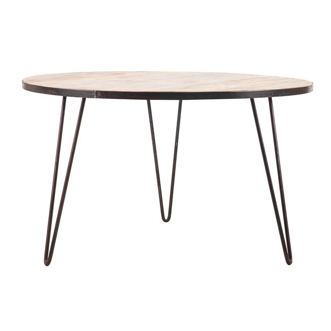 Table à manger ronde industrielle bois manguier massif et métal D125 cm ATELIER Couleur bois clair / noir <span itemprop=