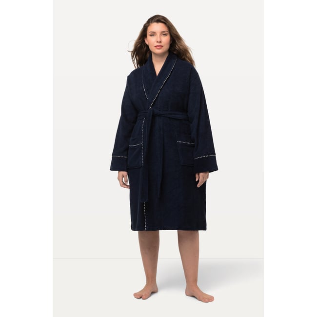 Peignoir en tissu éponge à col bleu nuit <span itemprop=