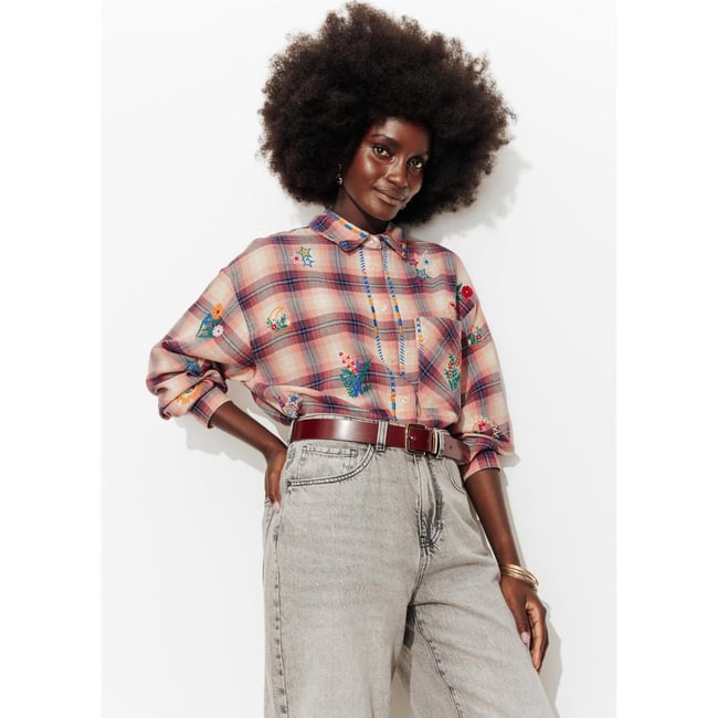 Chemise carreaux brodée carreaux multicolores <span itemprop=