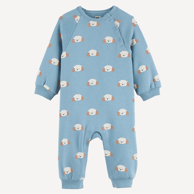 Combinaison longue, imprimé chiens, en molleton bleu <span itemprop=