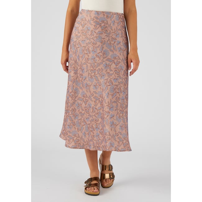 Jupe satinée imprimée marron beige feuillage <span itemprop=