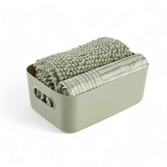 Set de douche 3 accessoires rideau tapis panier BATHROOM vert <span itemprop=