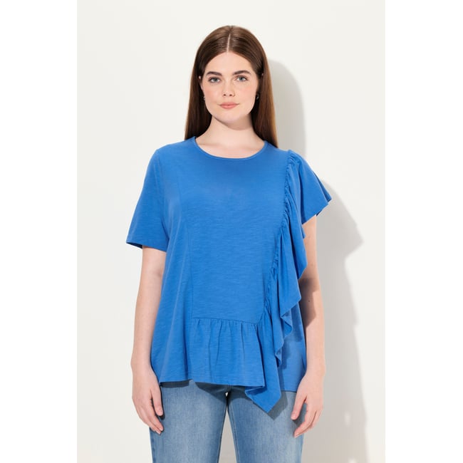 T-shirt en coton bio. Col rond bleu bleuet <span itemprop=