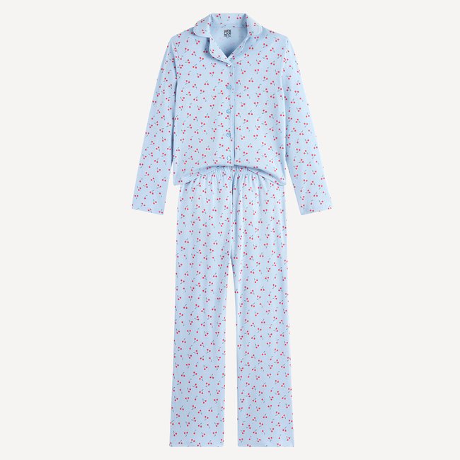 Pyjama imprimé cerises, en jersey de coton bleu <span itemprop=