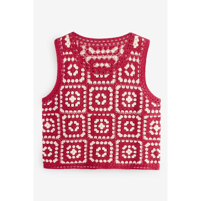 Débardeur à empiècements carrés au crochet rouge blanc <span itemprop=