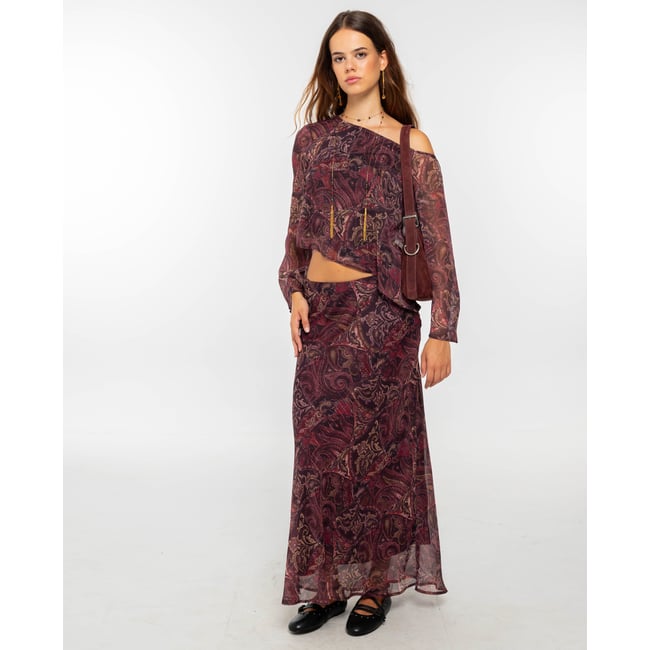 Jupe longue biais en mousseline imprimée boho grenat estampé <span itemprop=