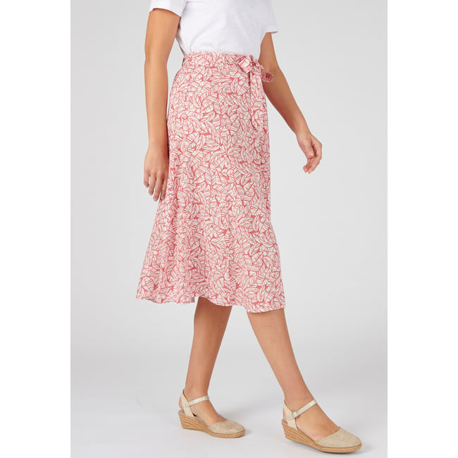 Jupe imprimée tissu fluide rose feuillage <span itemprop=