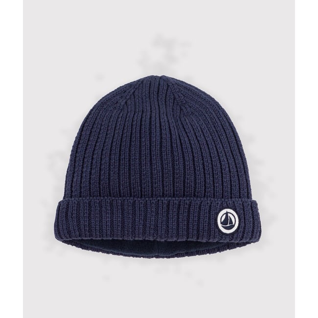 Bonnet bébé uni en tricot doublé polaire bleu marine <span itemprop=