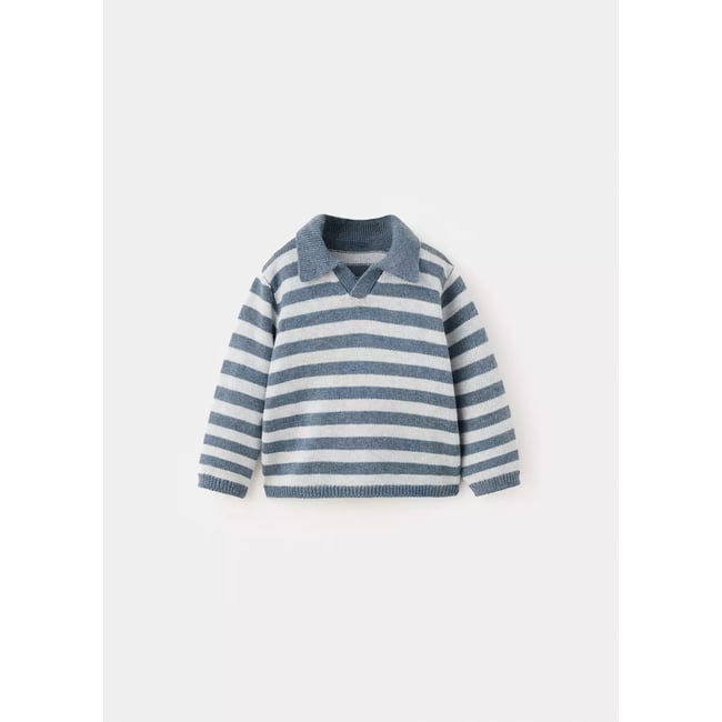Pull en maille à rayures avec col polo bleu <span itemprop=