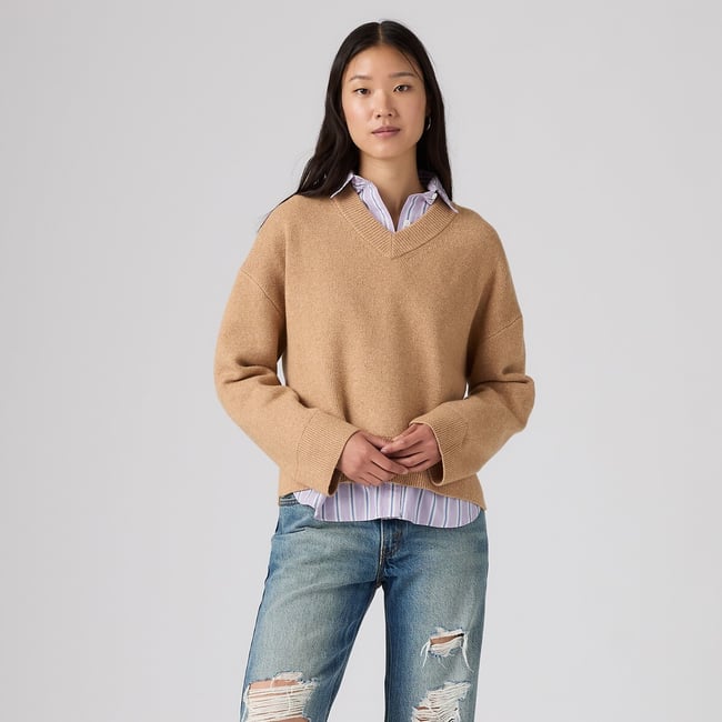 Pull col V manches longues camel <span itemprop=